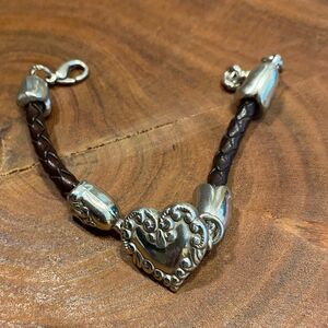 Brighton vintage silver heart and brown braided leather bracelet‎